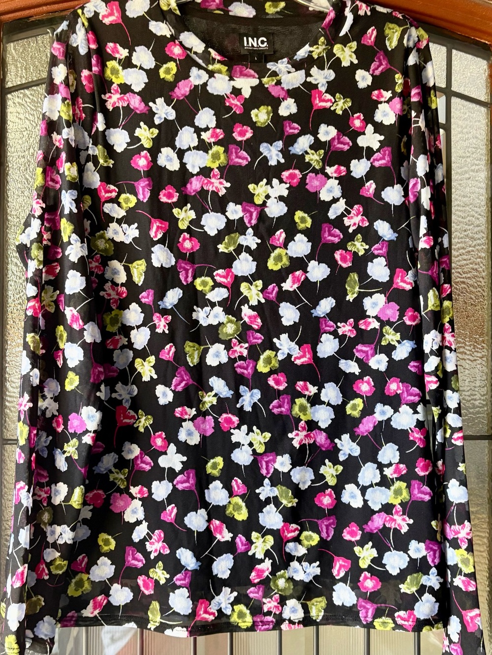 INC International Concepts Black Long Sleeve Floral Tee
